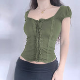 Voguable  Folds Lace Stitching Bandage Cropped Top Fairycore Grunge Short Sleeve T-shirts Vintage Y2K Tops Chic Basic Streetwear